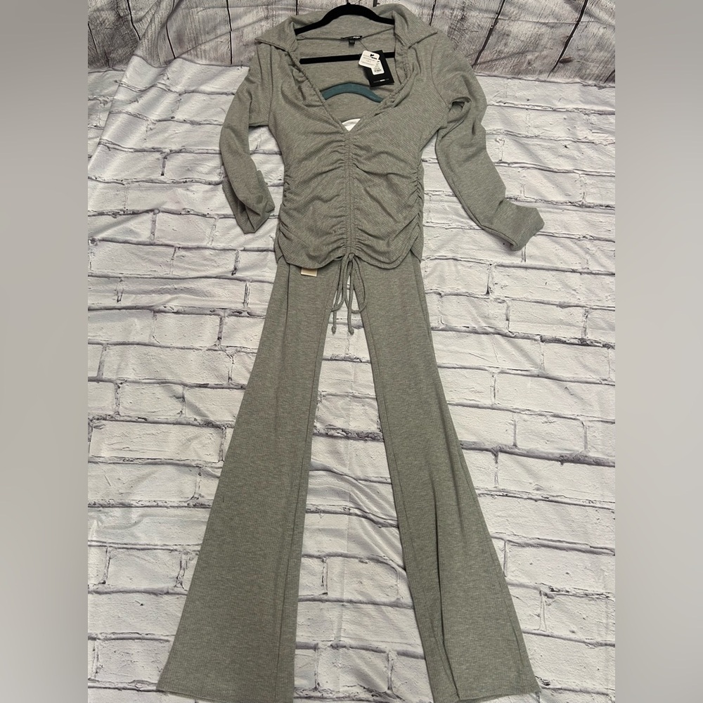 Fashion Nova Gray Ruched long sleeve and Flare Pants Set